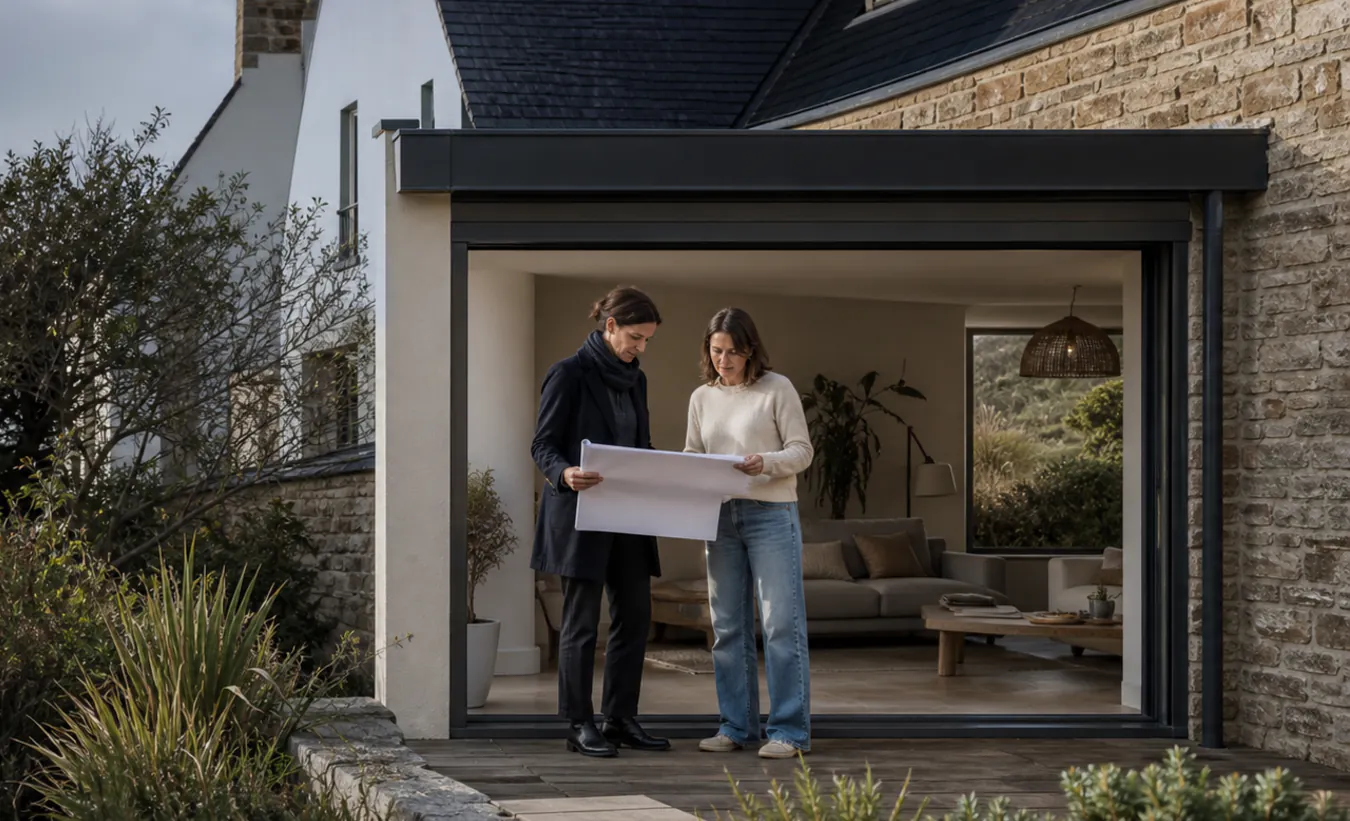 Une architecte et une propriétaire examinent la transformation d'un garage d'une maison atlantique au toit d'ardoise