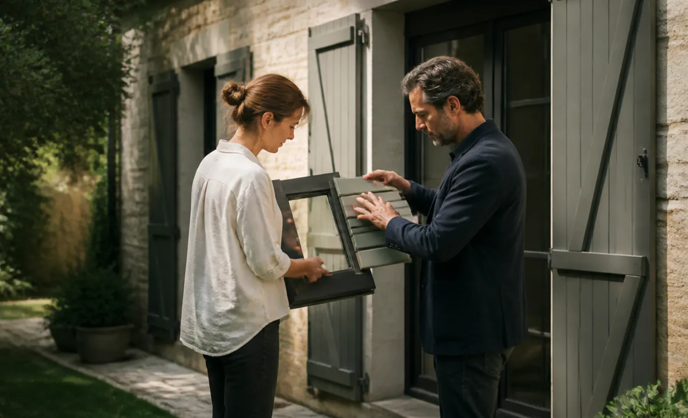 Un architecte et un propriétaire comparent des menuiseries devant une maison de l'intérieur de la France en pierre et enduit clair