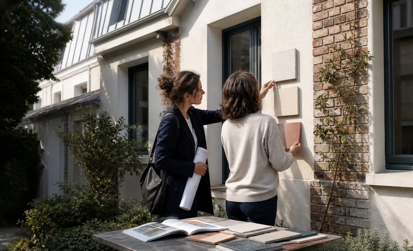 Une architecte et une propriétaire comparent des matériaux de façade devant une maison francilienne en brique et enduit clair
