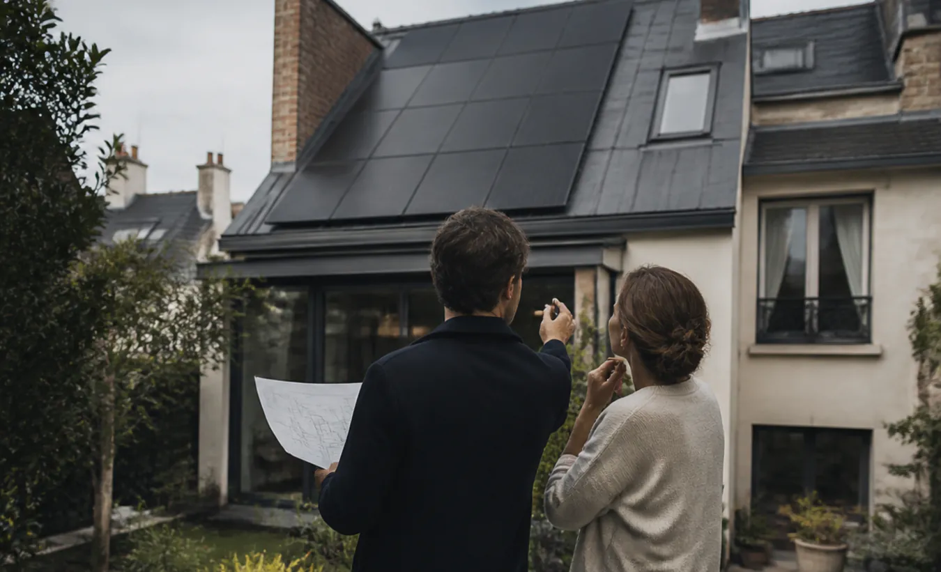 Un architecte et une propriétaire vérifient des panneaux solaires sur une maison d'Île-de-France avec un jardin compact