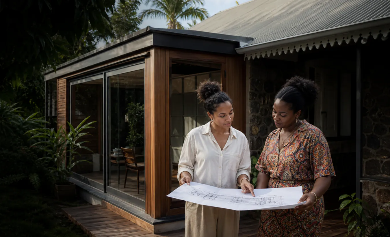 Une architecte et une propriétaire examinent une extension de maison tropicale dans un jardin mahorais