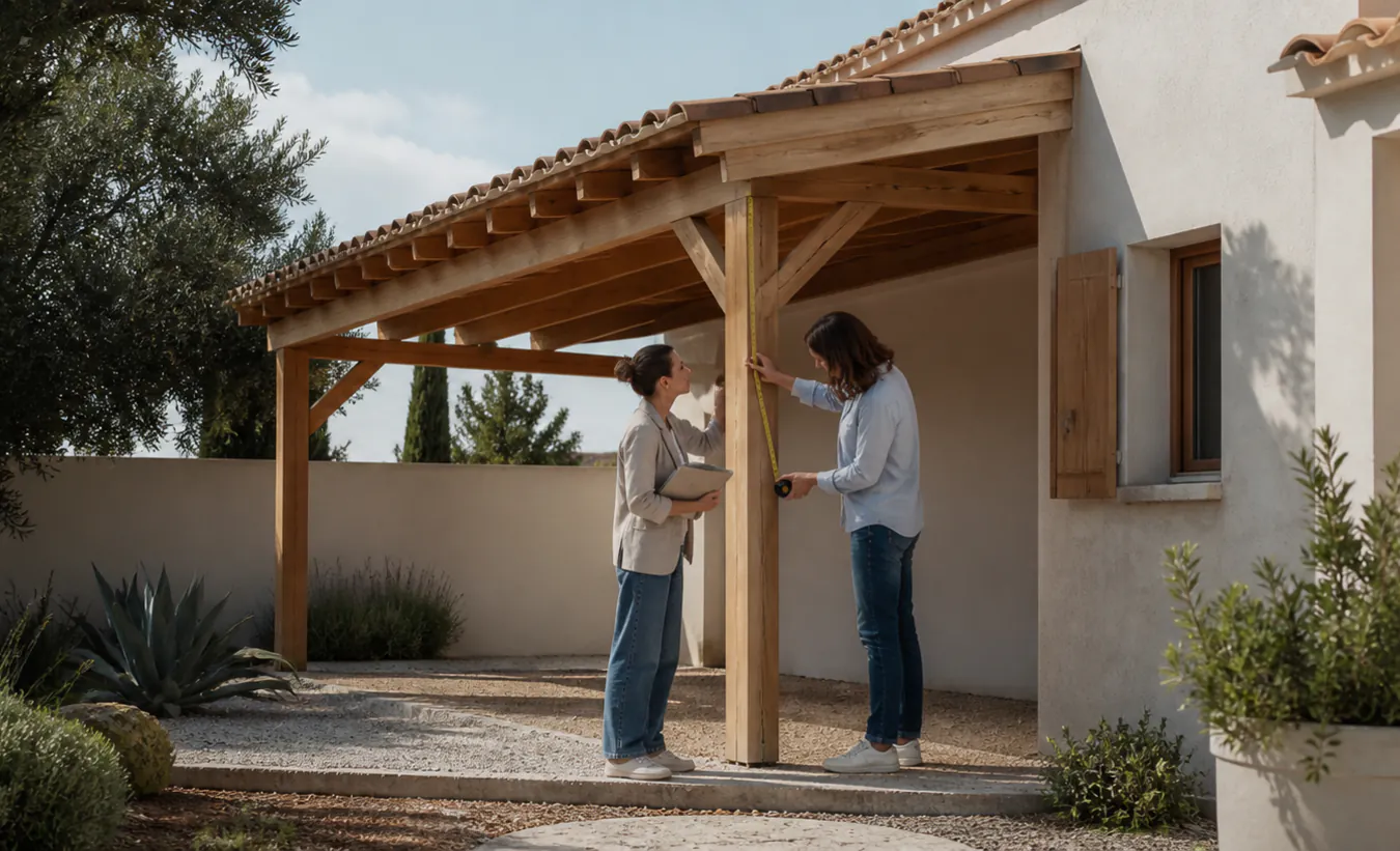 Une architecte et un propriétaire mesurent un carport en bois près d'une maison du sud de la France au jardin minéral