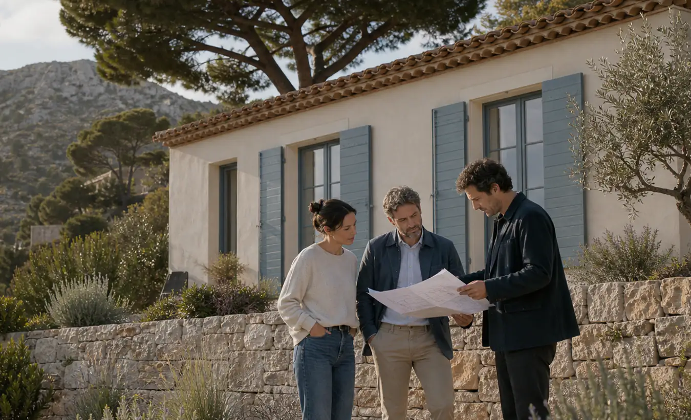 Une architecte examine le dessin d'une clôture devant une maison au jardin méditerranéen