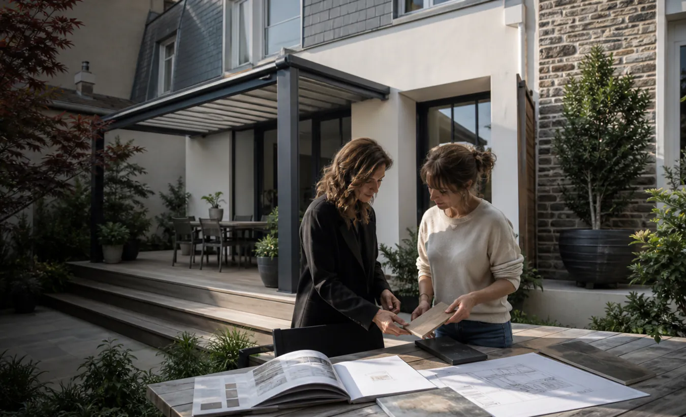 Une architecte et un propriétaire examinent une terrasse avec pergola devant une maison d'Île-de-France avec un jardin compact
