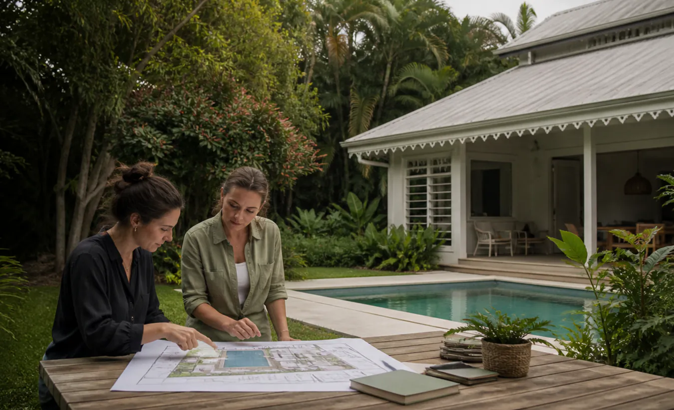 Une architecte et une propriétaire étudient une piscine dans le jardin d'une maison guyanaise à large véranda