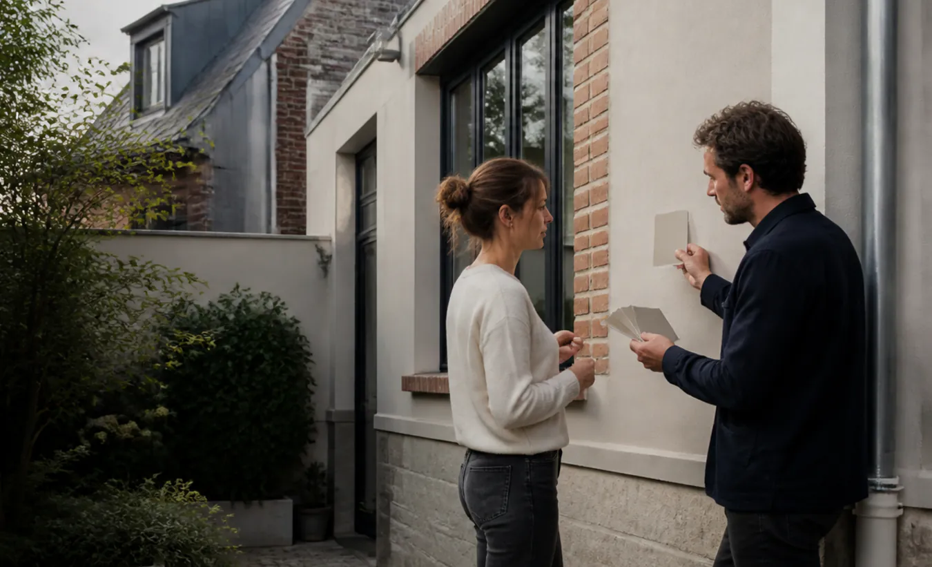Un architecte et une propriétaire préparent le ravalement d'une maison d'Île-de-France avec un jardin compact