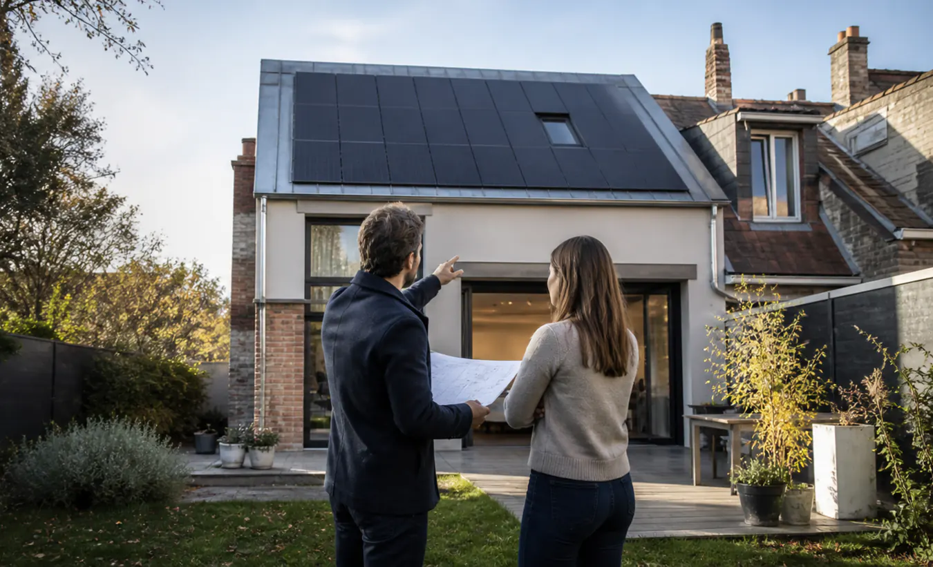 Un architecte et une propriétaire vérifient des panneaux solaires sur une maison francilienne en brique et enduit clair
