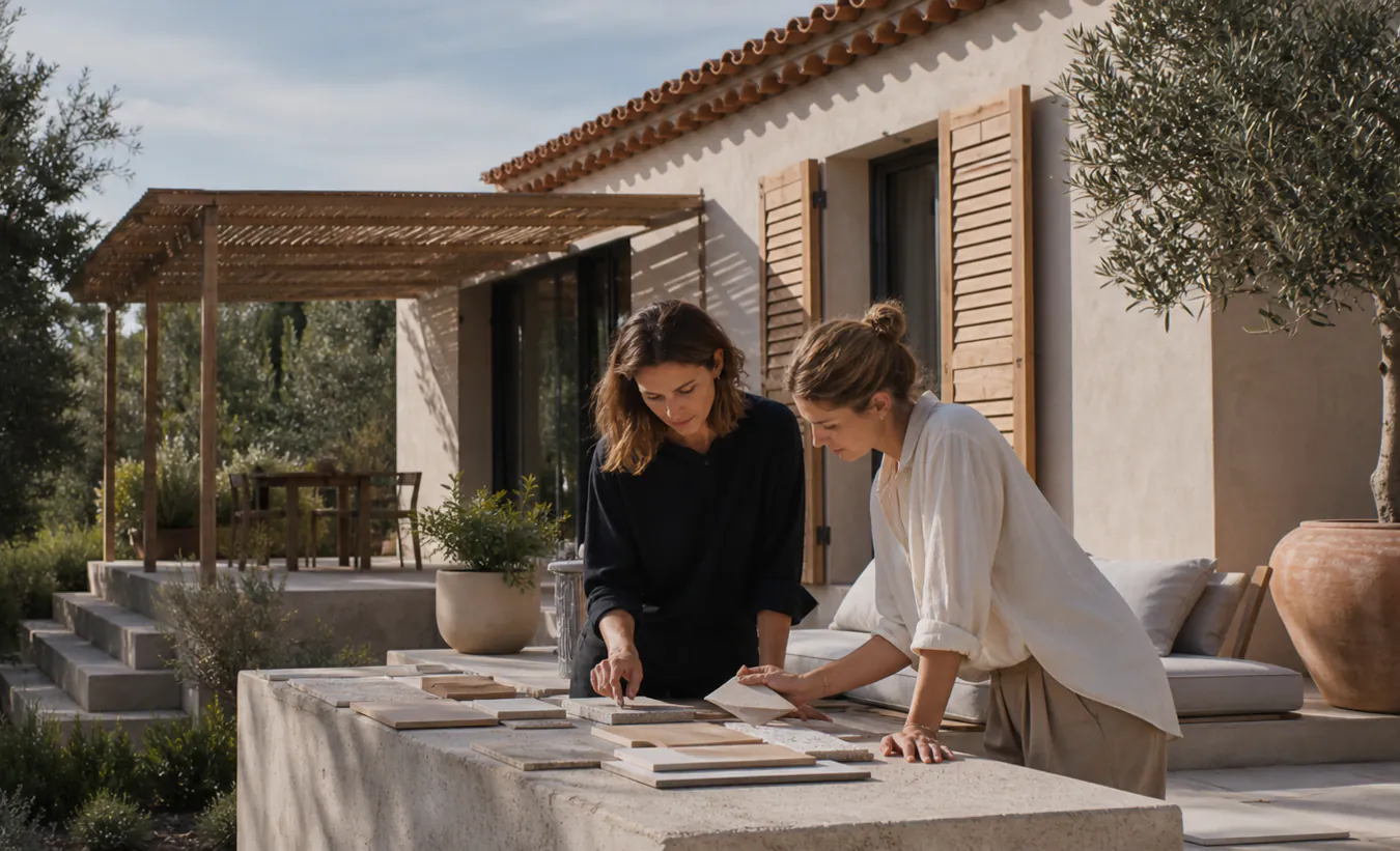 Une architecte et un propriétaire examinent une terrasse avec pergola devant une maison du sud de la France au jardin minéral
