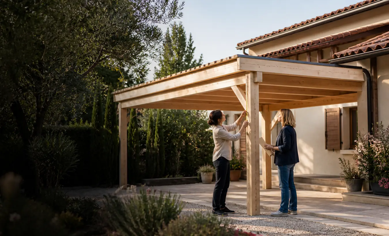 Une architecte et un propriétaire mesurent un carport en bois près d'une maison du sud-ouest aux tuiles de terre cuite