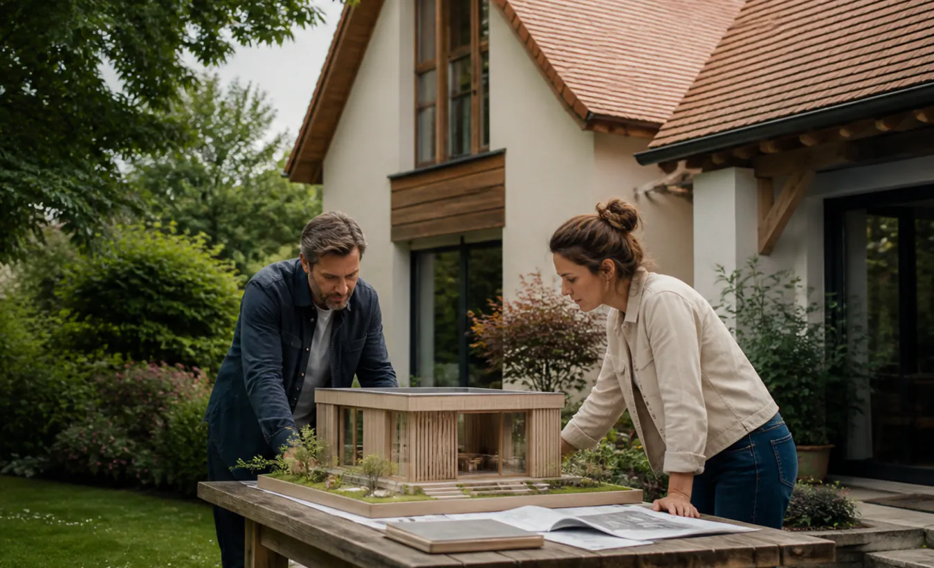Une architecte et une propriétaire positionnent un abri de jardin près d'une maison alsacienne ou lorraine aux détails en bois sobres