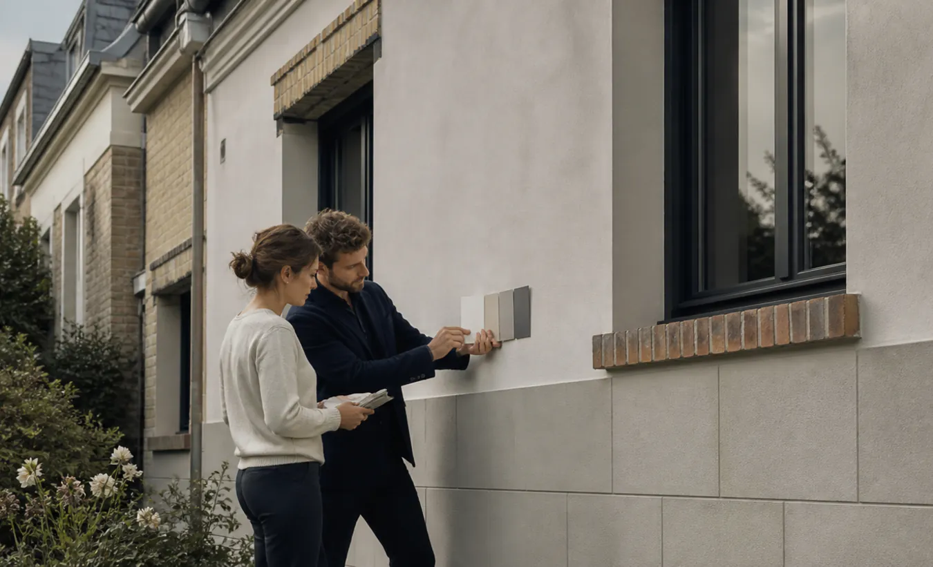 Un architecte et une propriétaire préparent le ravalement d'une maison d'Île-de-France avec un jardin compact