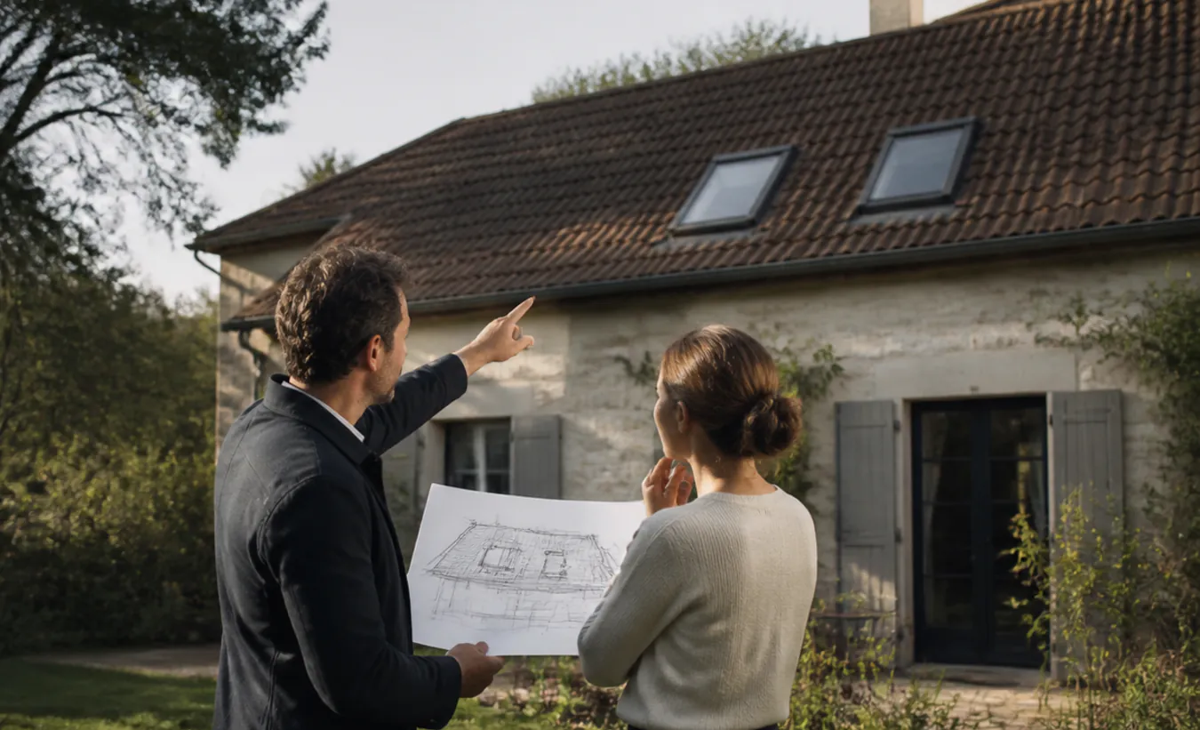 Un architecte et un propriétaire étudient deux fenêtres de toit sur une maison française au jardin arboré