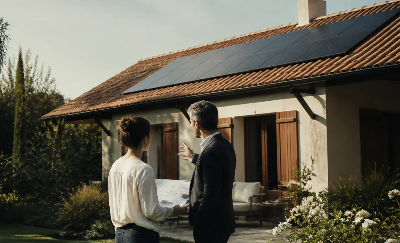 Un architecte et une propriétaire vérifient des panneaux solaires sur une maison du sud-ouest aux tuiles de terre cuite