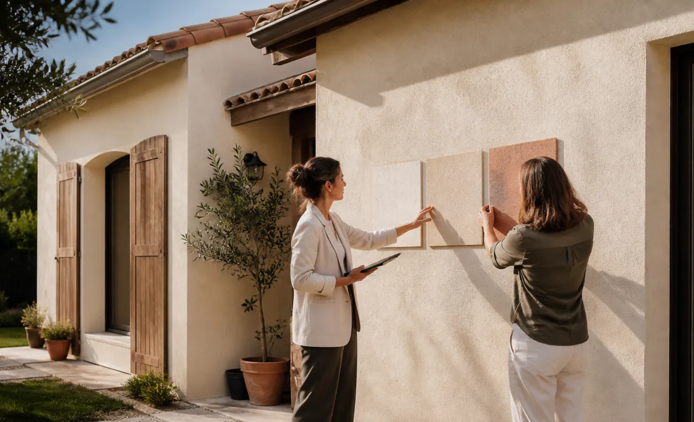 Une architecte et une propriétaire comparent des matériaux de façade devant une maison du sud-ouest entourée d'un jardin arboré