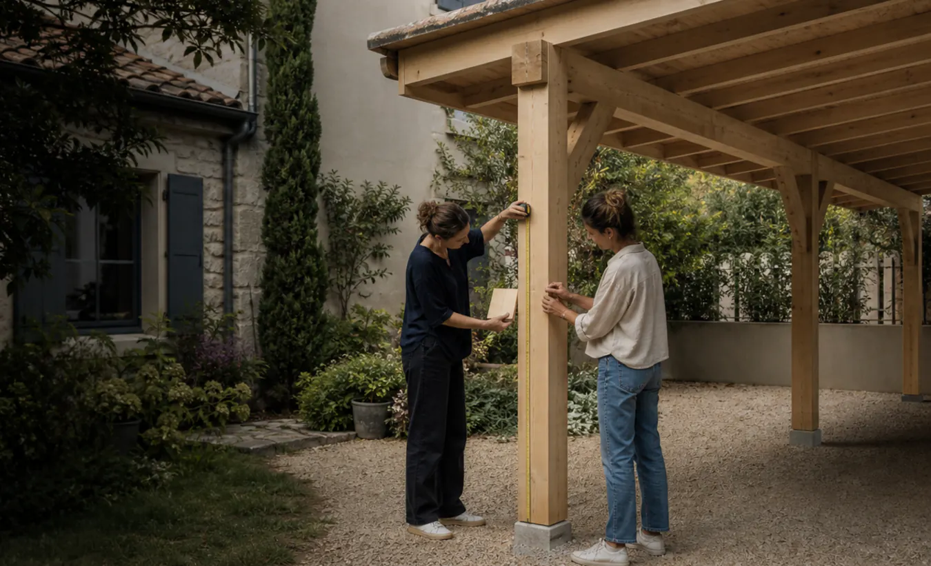 Une architecte et un propriétaire mesurent un carport en bois près d'une maison française au jardin arboré