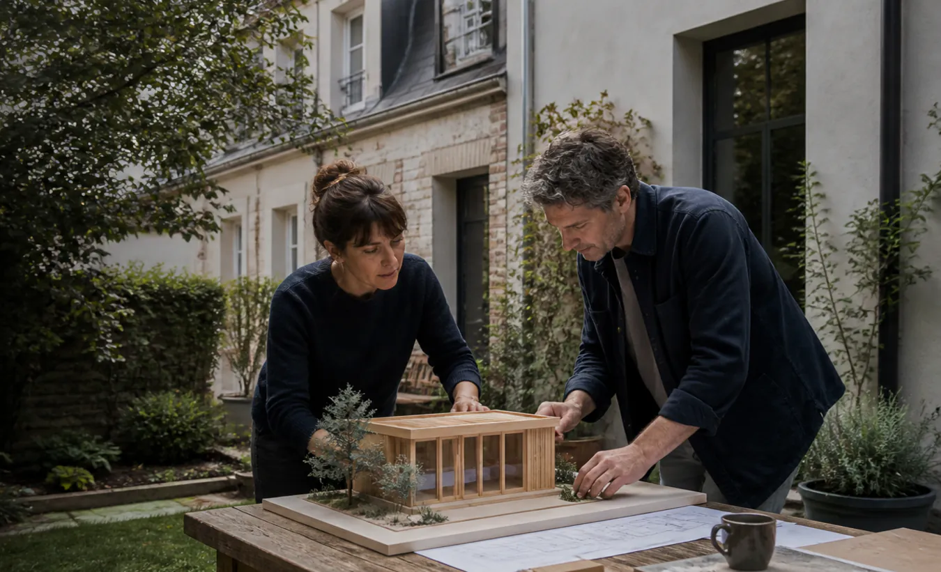 Une architecte et une propriétaire positionnent un abri de jardin près d'une maison francilienne en brique et enduit clair