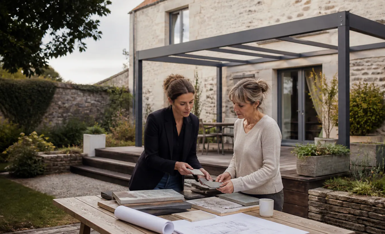 Une architecte et un propriétaire examinent une terrasse avec pergola devant une maison française au jardin arboré