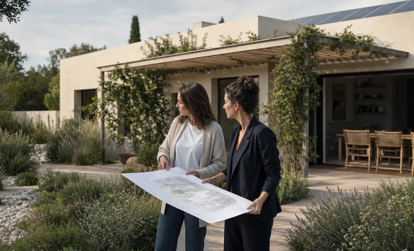 Une professionnelle et une propriétaire examinent le plan d'un jardin perméable devant une maison méditerranéenne