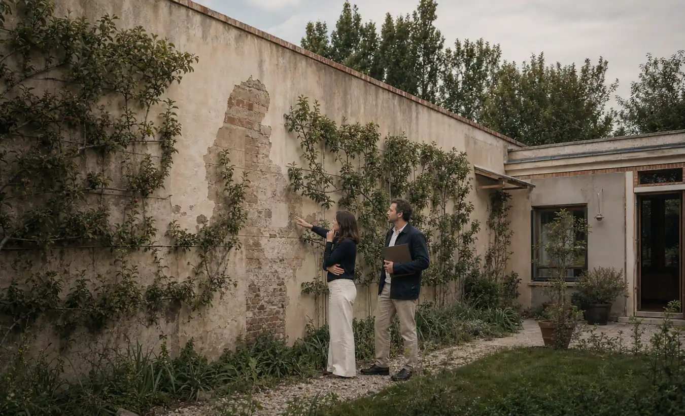 Une architecte et un jardinier examinent un ancien mur devant des arbres fruitiers palissés