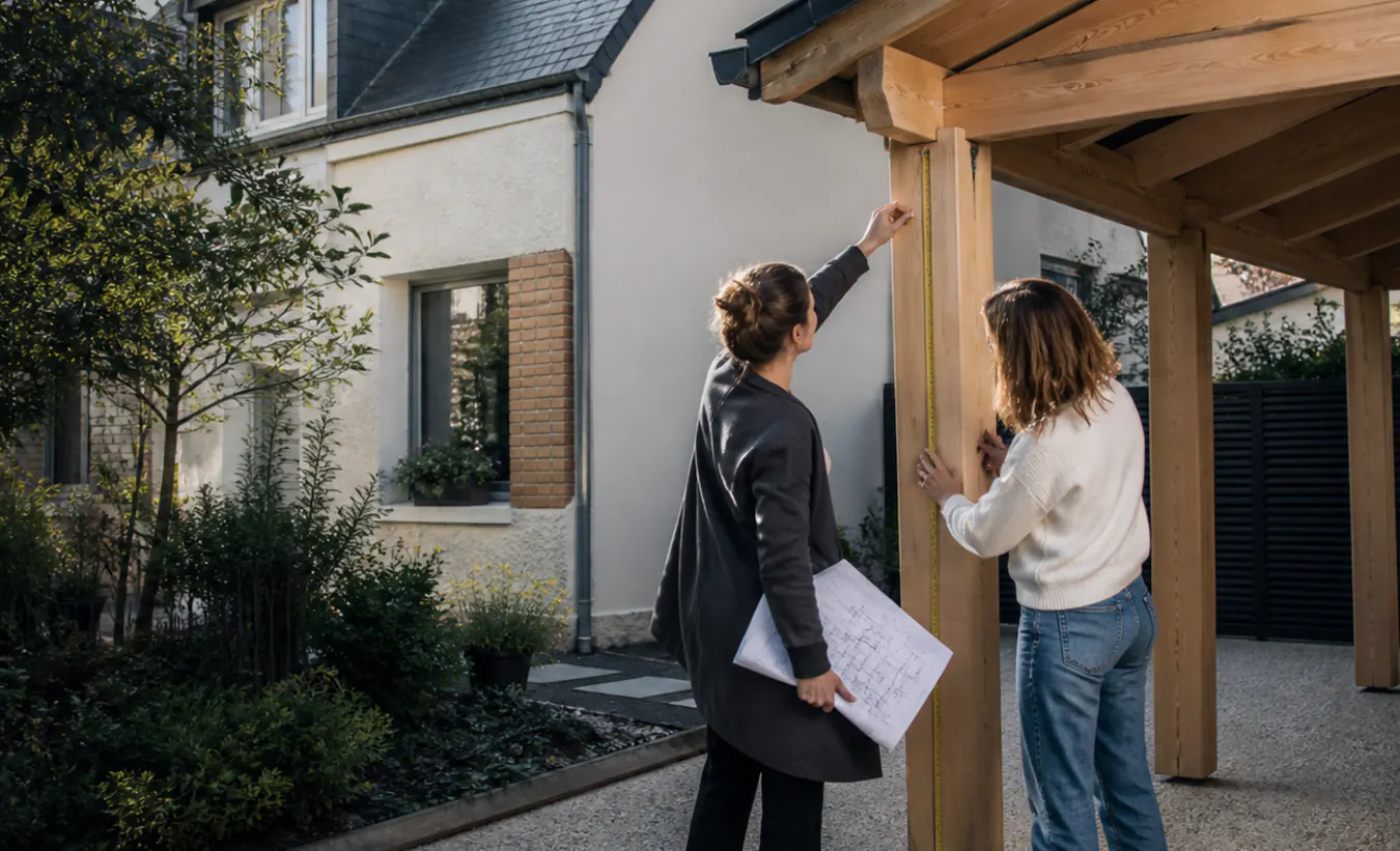 Une architecte et un propriétaire mesurent un carport en bois près d'une maison francilienne en brique et enduit clair