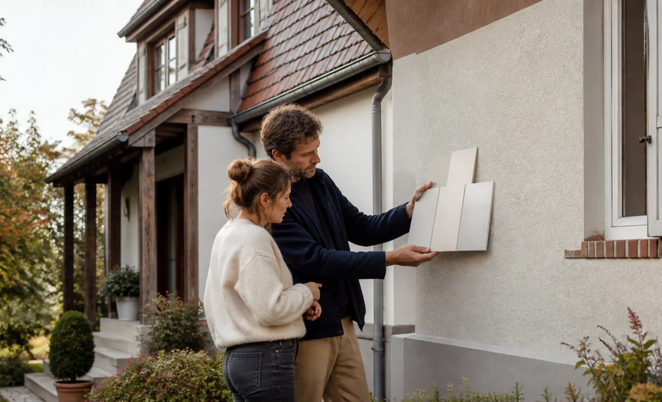 Un architecte et une propriétaire préparent le ravalement d'une maison alsacienne ou lorraine aux détails en bois sobres