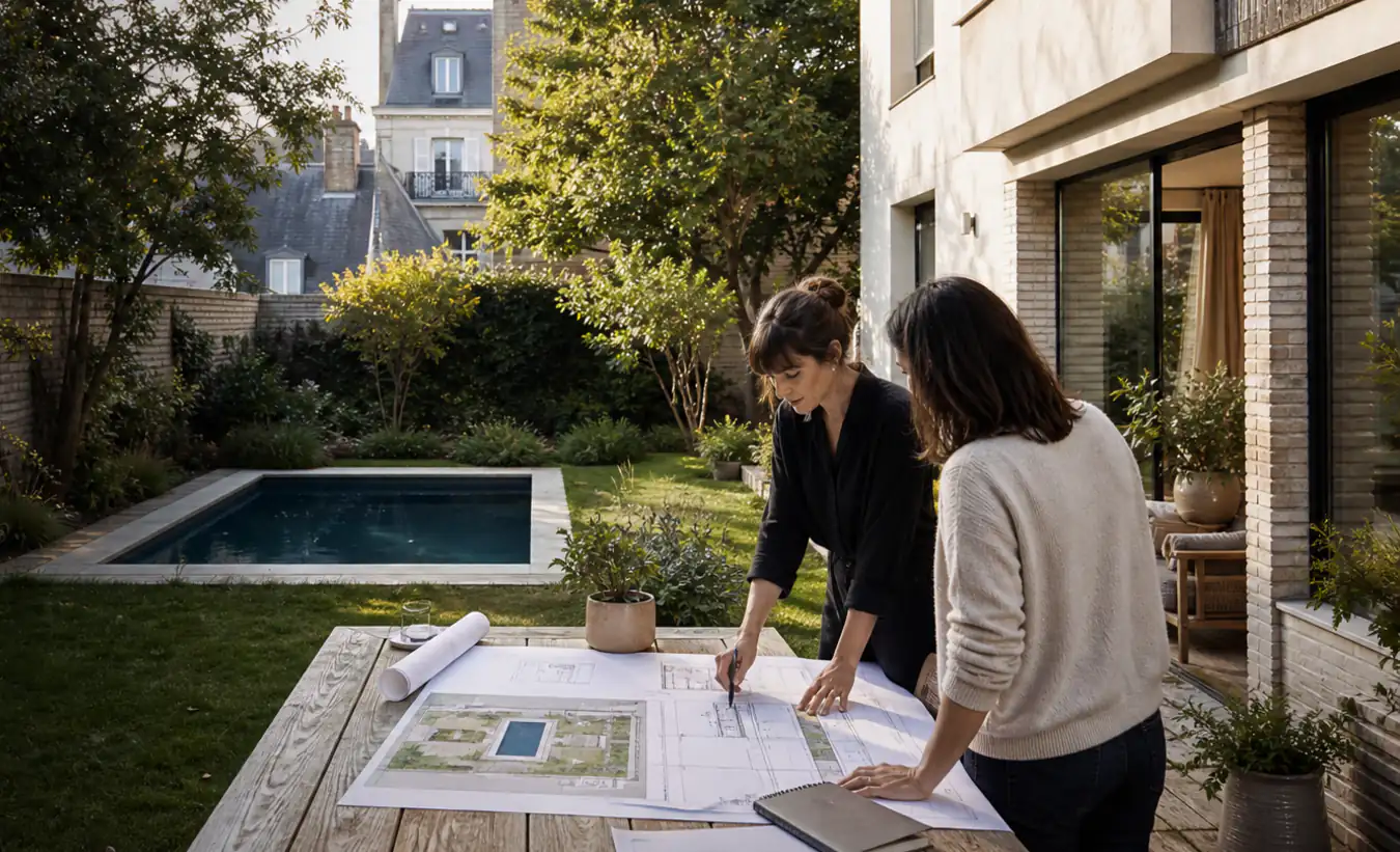 Une architecte et une propriétaire étudient une piscine dans le jardin d'une maison francilienne en brique et enduit clair