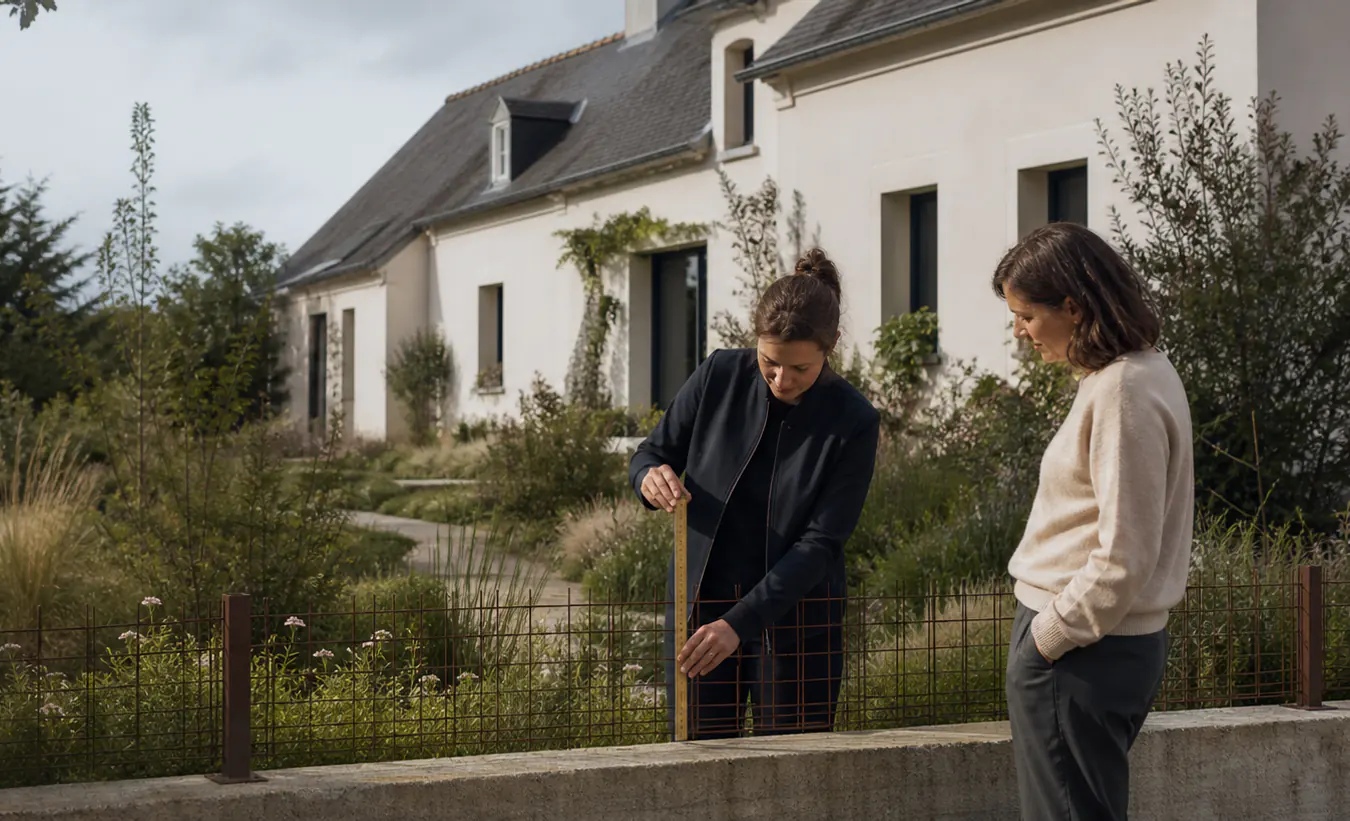 Une paysagiste mesure une clôture basse devant une maison entourée d'un jardin planté