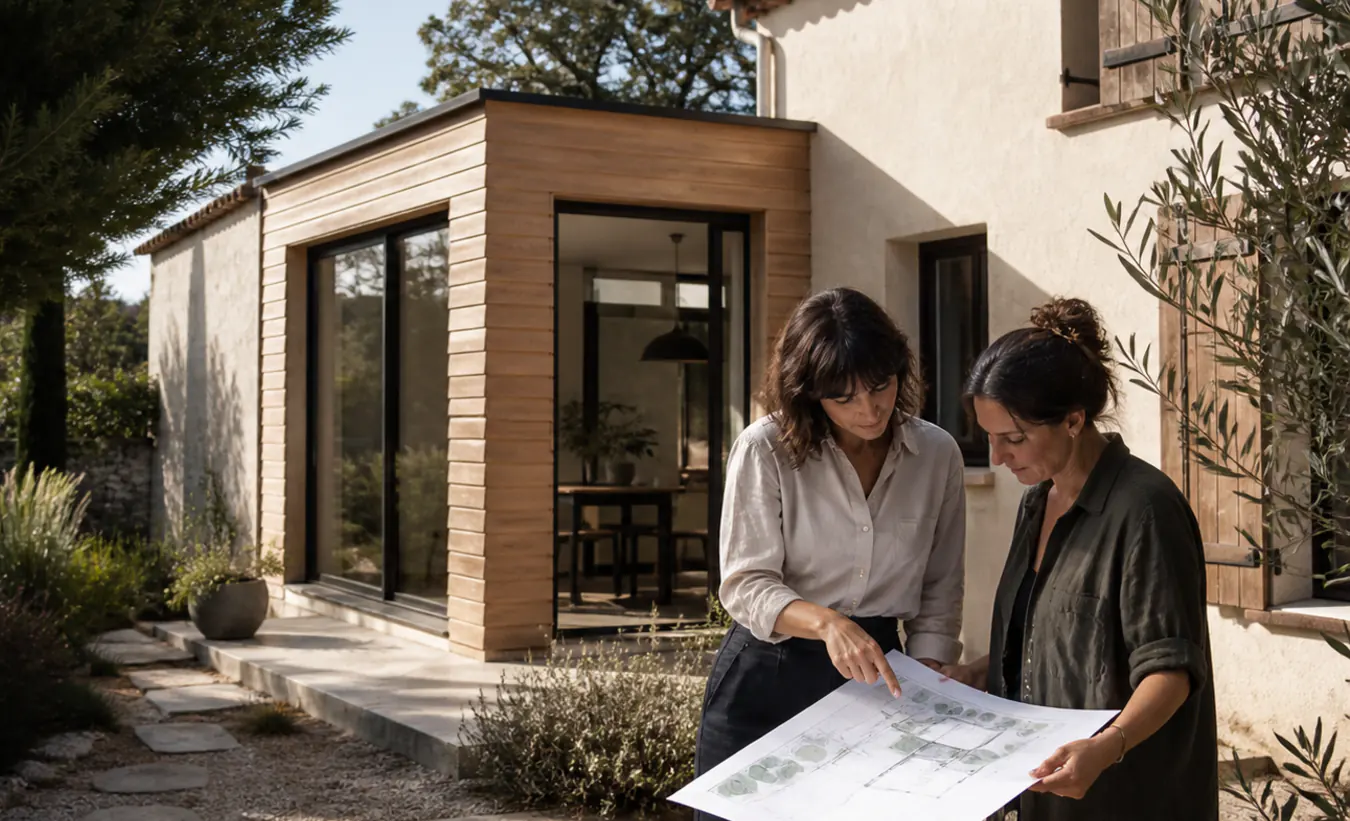 Une architecte et une propriétaire examinent une extension de maison du sud de la France au jardin minéral