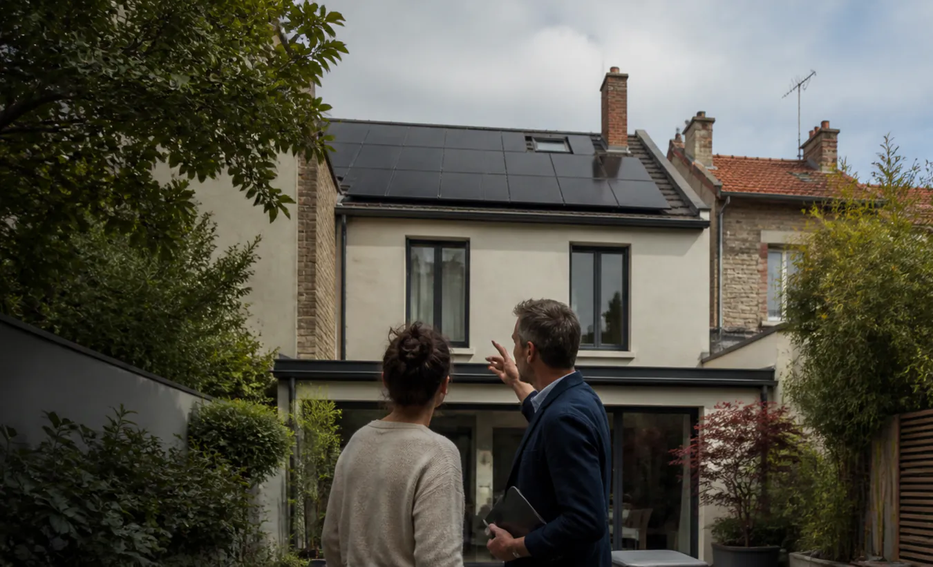 Un architecte et une propriétaire vérifient des panneaux solaires sur une maison francilienne en brique et enduit clair