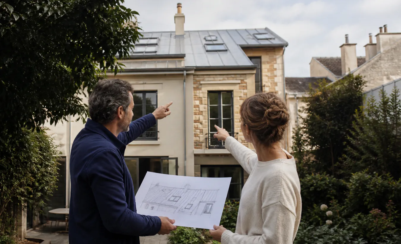 Un architecte et un propriétaire étudient deux fenêtres de toit sur une maison francilienne en brique et enduit clair