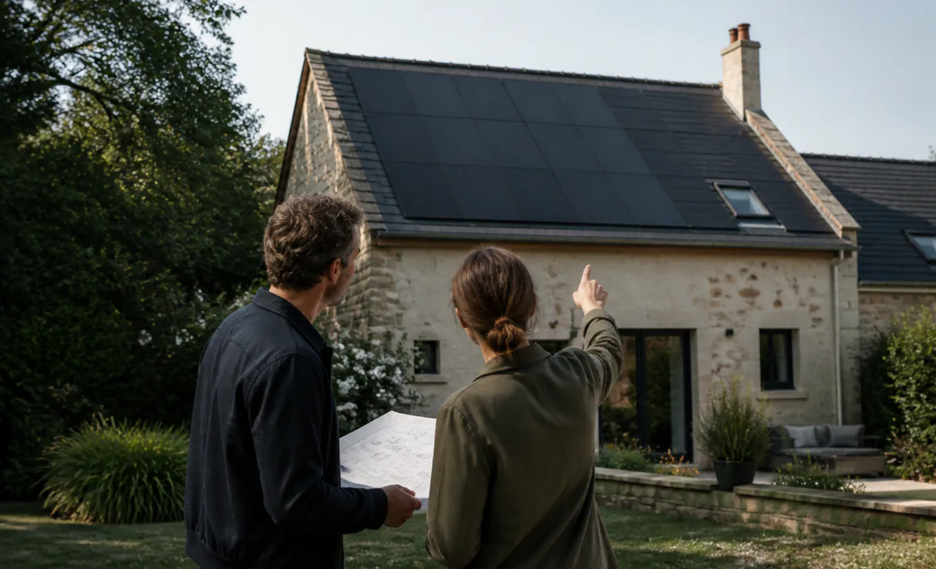 Un architecte et une propriétaire vérifient des panneaux solaires sur une maison de l'intérieur de la France en pierre et enduit clair