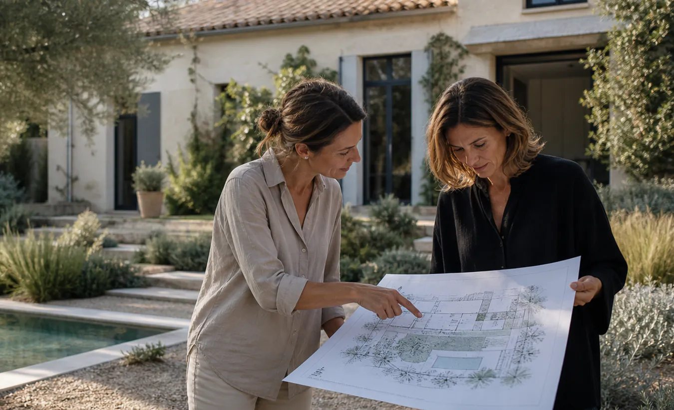 Une paysagiste examine le plan d'une piscine devant une maison aux tuiles rondes