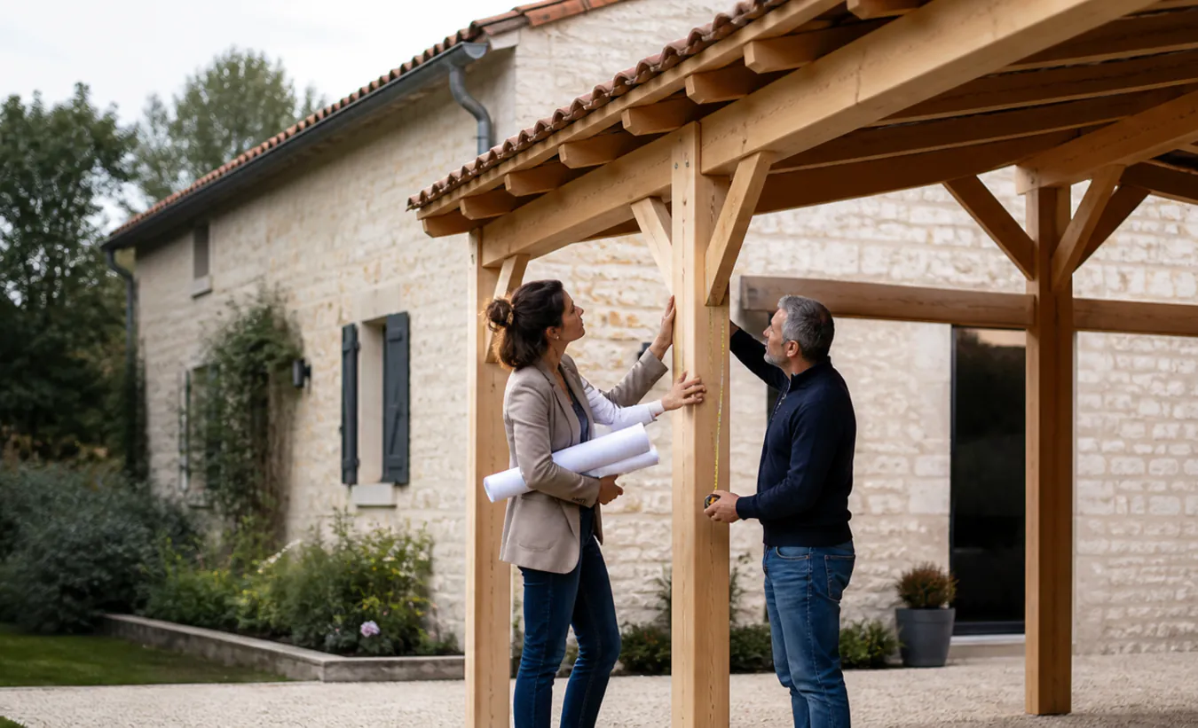 Une architecte et un propriétaire mesurent un carport en bois près d'une maison française au jardin arboré