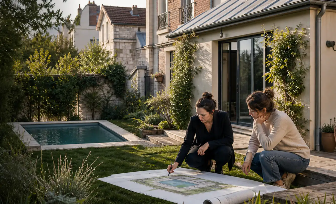 Une architecte et une propriétaire étudient une piscine dans le jardin d'une maison francilienne en brique et enduit clair