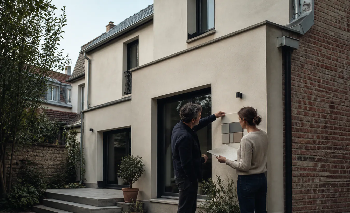 Un architecte et une propriétaire préparent le ravalement d'une maison francilienne en brique et enduit clair
