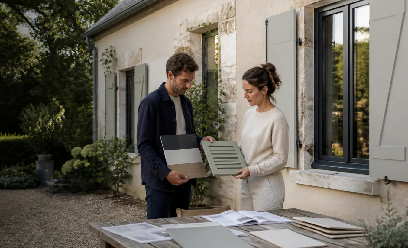 Un architecte et un propriétaire comparent des menuiseries devant une maison française au jardin arboré