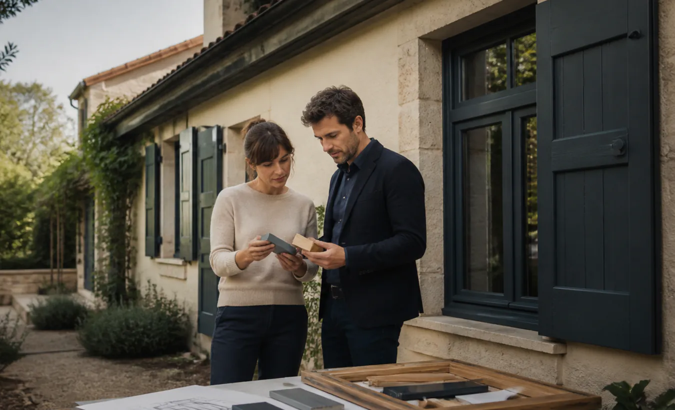 Un architecte et un propriétaire comparent des menuiseries devant une maison de l'intérieur de la France en pierre et enduit clair