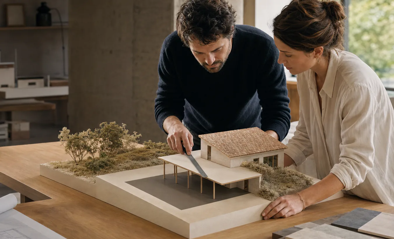 Deux professionnels mesurent l'empreinte d'une maquette de maison sur un plan de parcelle