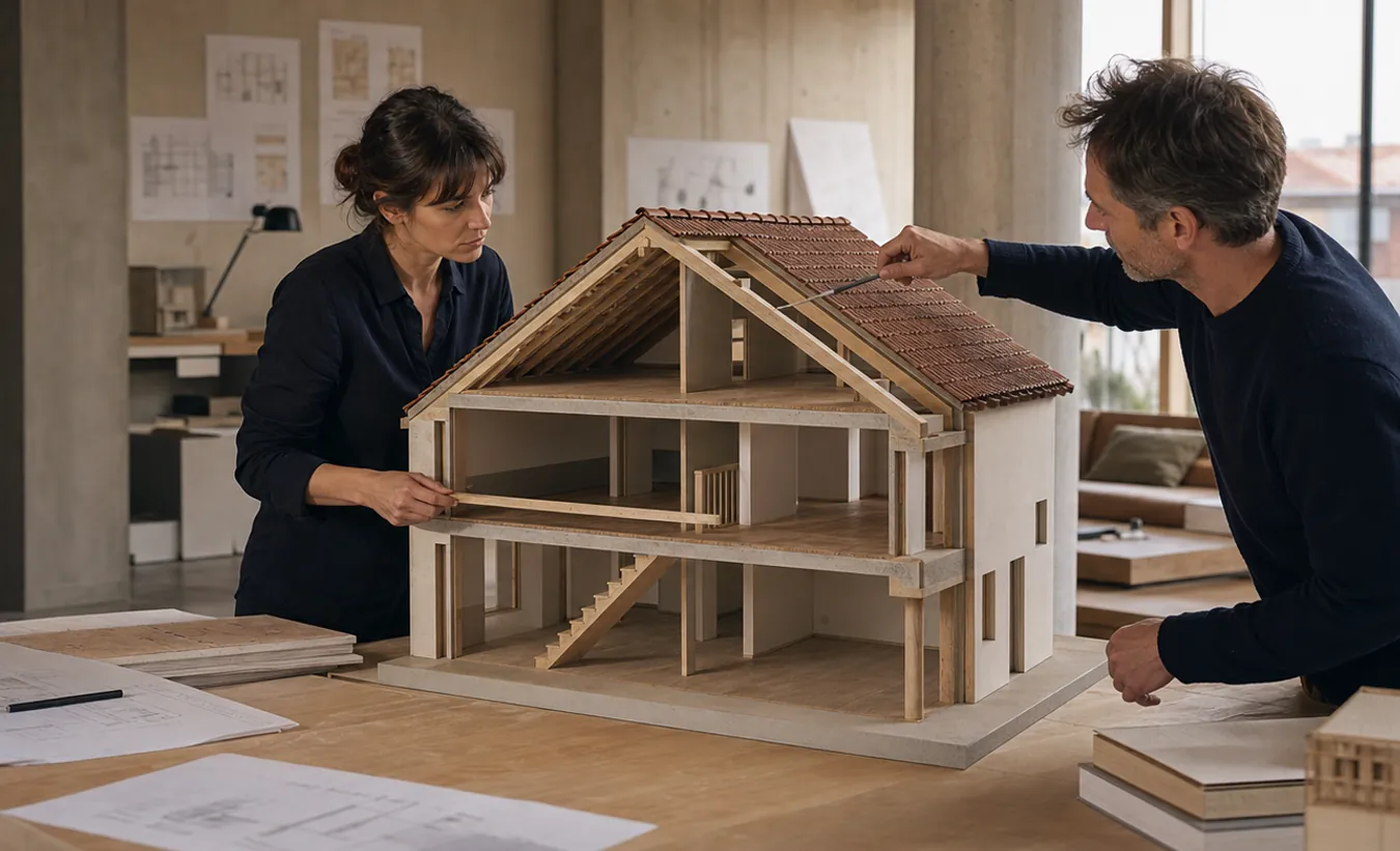 Deux professionnels mesurent les niveaux et les combles d'une maquette de maison en coupe