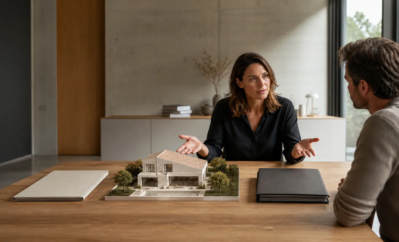 Une experte compare deux dossiers autour de la maquette d'un projet de maison