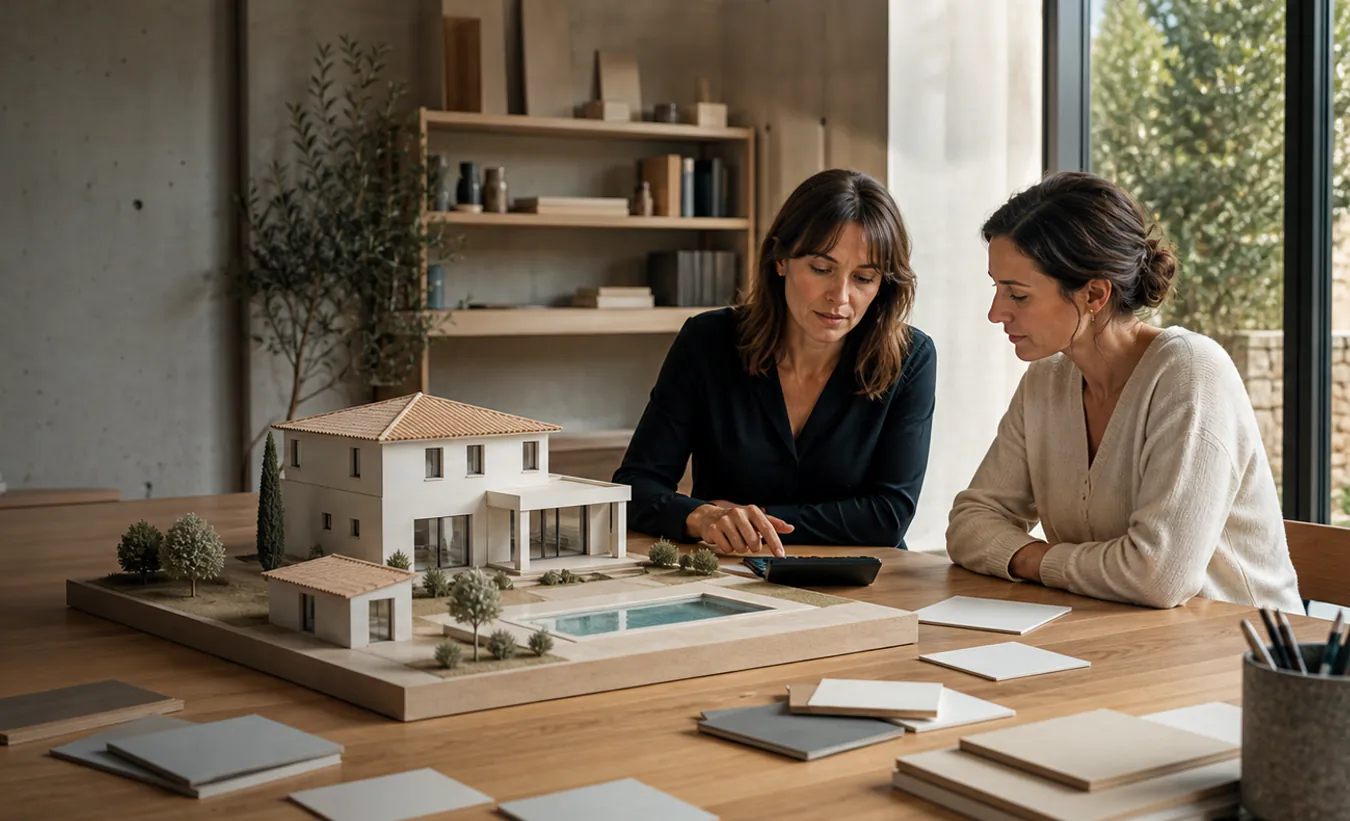 Un conseiller calcule une taxe d'aménagement auprès d'une maquette de maison, de piscine et d'abri