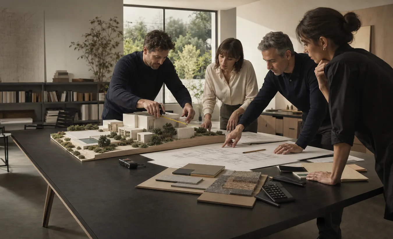 Une équipe d'architectes mesure une maquette de maison et vérifie des plans autour d'une grande table