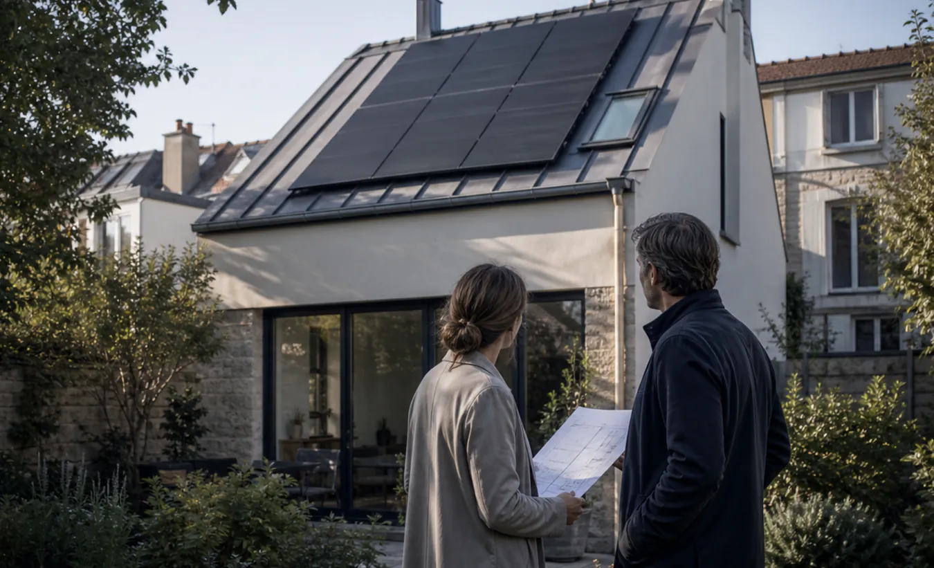 Un architecte et une propriétaire vérifient des panneaux solaires sur une maison francilienne en brique et enduit clair