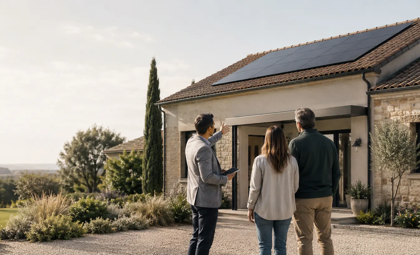 Une architecte montre à un couple des panneaux solaires posés en toiture, devant leur maison