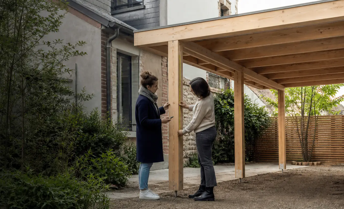 Une architecte et un propriétaire mesurent un carport en bois près d'une maison francilienne en brique et enduit clair