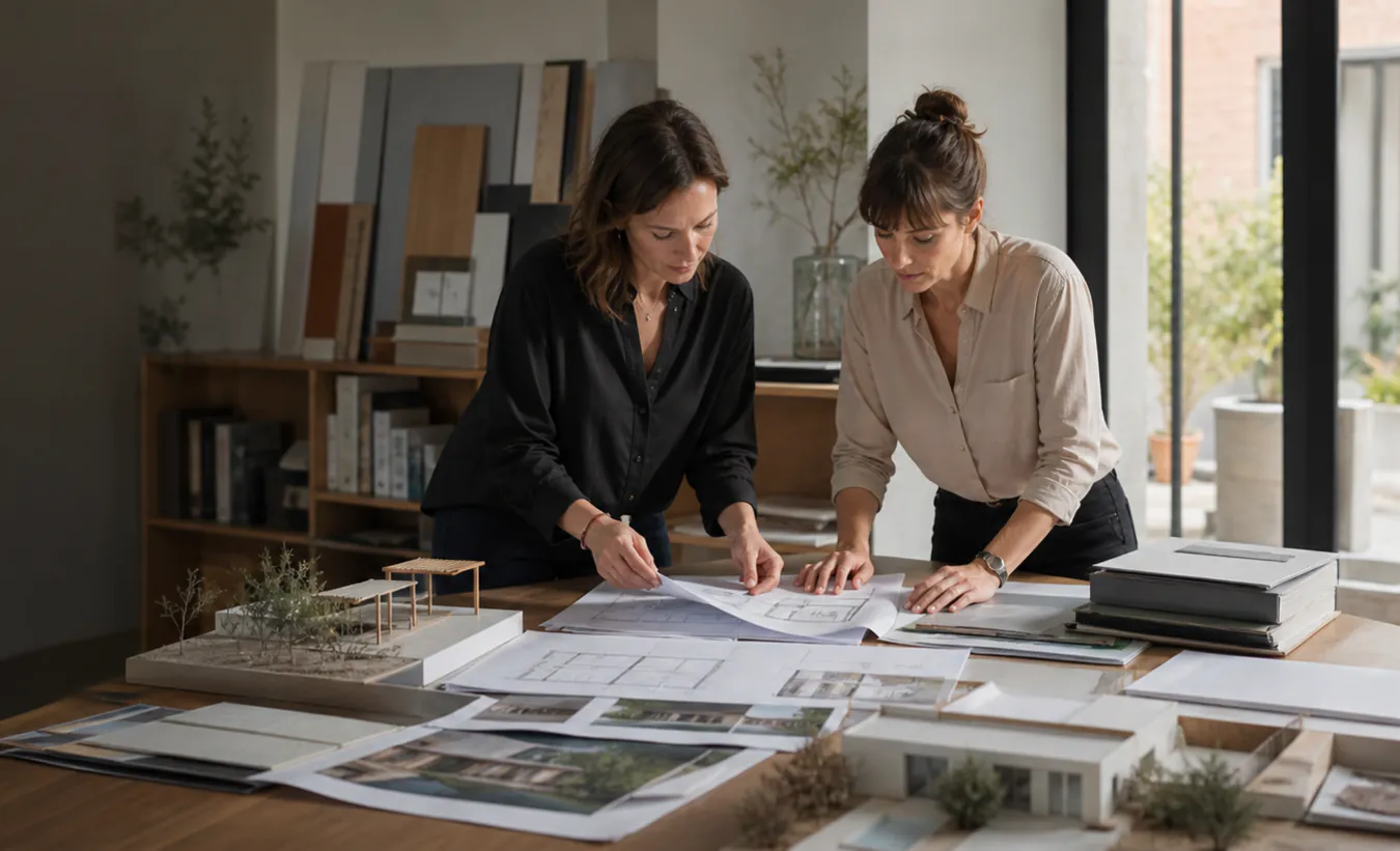Une architecte et une responsable d'entreprise organisent plusieurs dossiers de déclaration préalable autour de maquettes de projets résidentiels