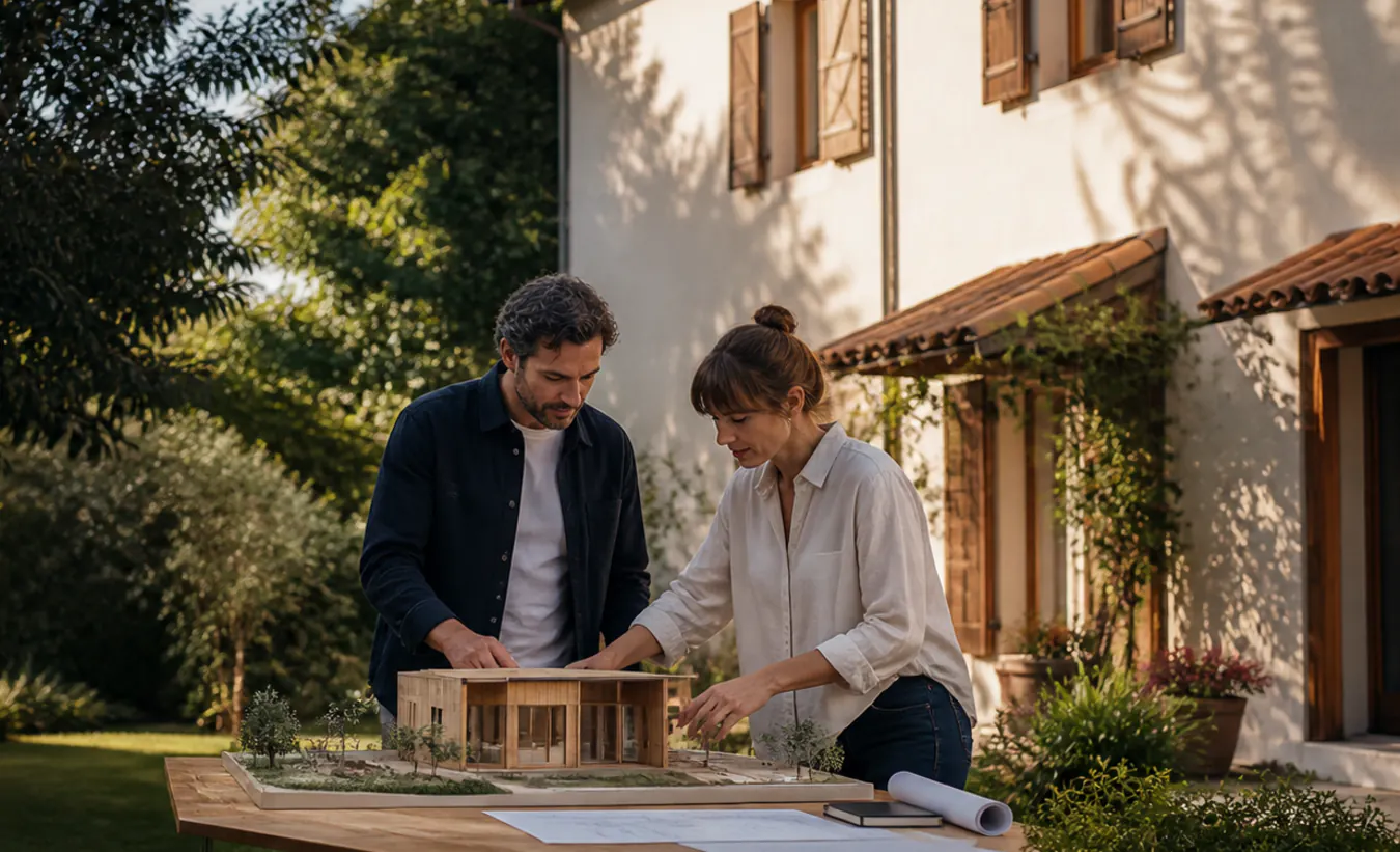 Une architecte et une propriétaire positionnent un abri de jardin près d'une maison du sud-ouest aux tuiles de terre cuite