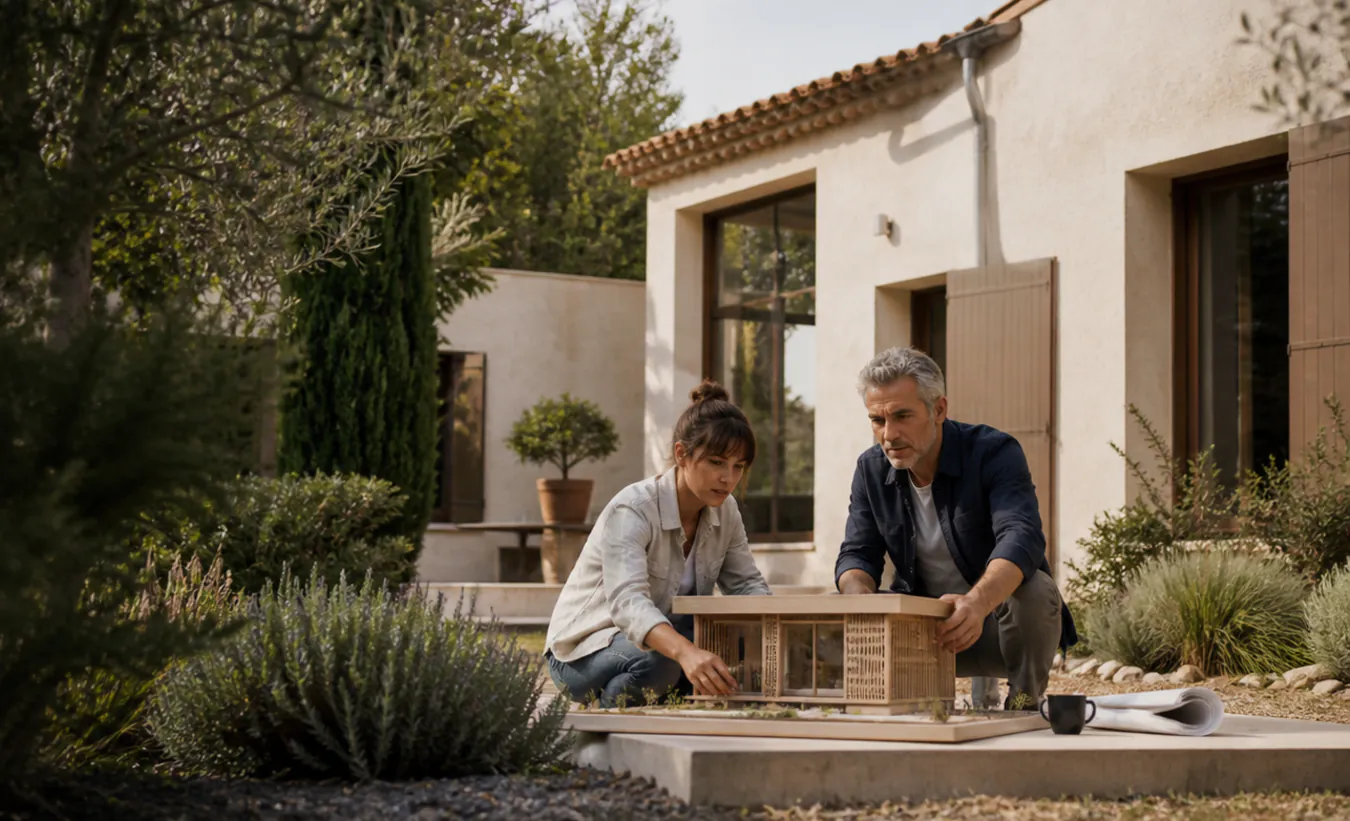 Une architecte et une propriétaire positionnent un abri de jardin près d'une maison méditerranéenne aux tuiles de terre cuite