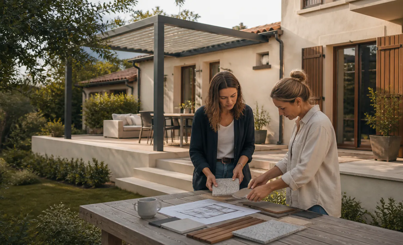 Une architecte et un propriétaire examinent une terrasse avec pergola devant une maison du sud-ouest aux tuiles de terre cuite