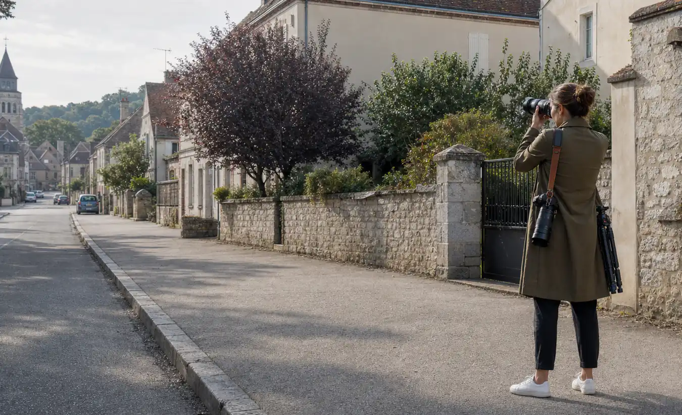 Une photographe-urbaniste cadre depuis le trottoir une propriété et son environnement dans une rue française